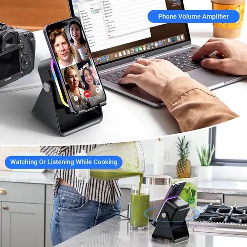 Support de téléphone Bluetooth portable 5 en 1 avec enceinte à induction sans fil, 8 lumières RGB et son surround.
