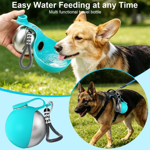 2 in 1 Gourde portable pour animaux et distributeur de nourriture en acier inoxydable (étanche)
