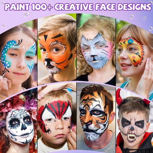 42 couleurs Kit de maquillage pour le visage à l'eau avec pinceaux, pochoirs et éponge, Idéal pour fêtes, festivals et cosplay
