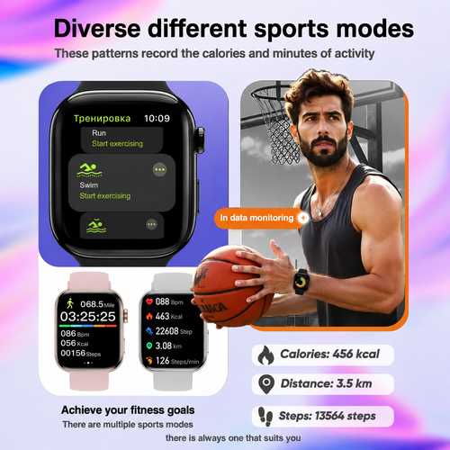 Montre connectée multifonction avec écran tactile HD intégral, appels Bluetooth, suivi de la santé, podomètre et étanchéité IP68.