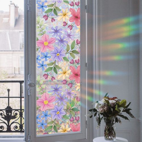 Film Fenêtre Effet Vitrail Floral Décoration Maison Élégante et Protection d'Intimité