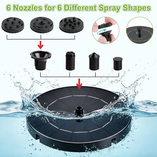 Pompe de fontaine solaire de 18 cm avec 6 buses pour jardin et extérieur