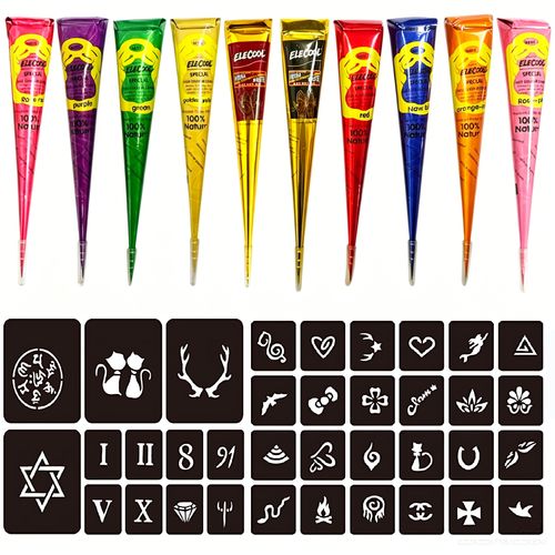 Kit de 10 couleurs de tatouages ​​temporaires en cônes avec 36pcs petit pochoirs COD