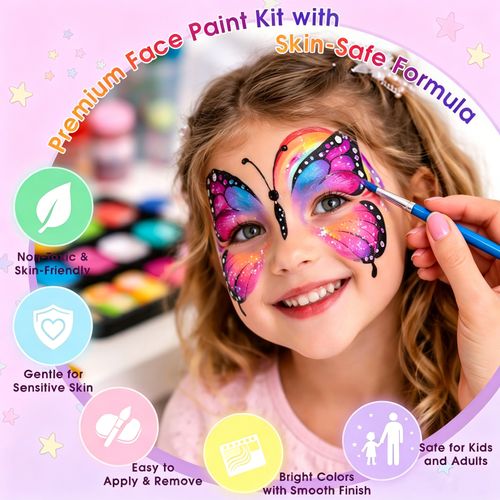 42 couleurs Kit de maquillage pour le visage à l'eau avec pinceaux, pochoirs et éponge, Idéal pour fêtes, festivals et cosplay