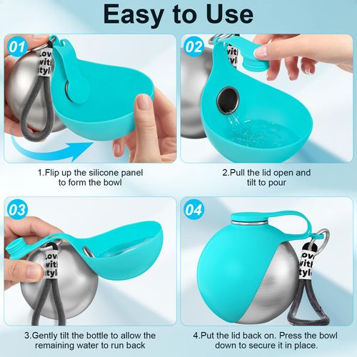 2 in 1 Gourde portable pour animaux et distributeur de nourriture en acier inoxydable (étanche)