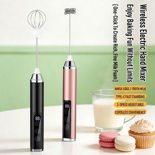 Rechargeable Handheld Milk Frother, 3‑Speed Wireless Electric Whisk with 2 Replaceable Heads, Digital Display for Coffee, Eggs, Hot Chocolate