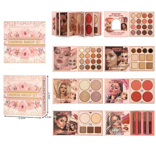 Charming All‑In‑One 7‑Fold Book‑Style Makeup Palette, 59 Colors Matte Shimmer Eyeshadow Blush Contour Highlight Concealer Lip Gloss Multi‑Functional Cosmetic Set For Dark Skin