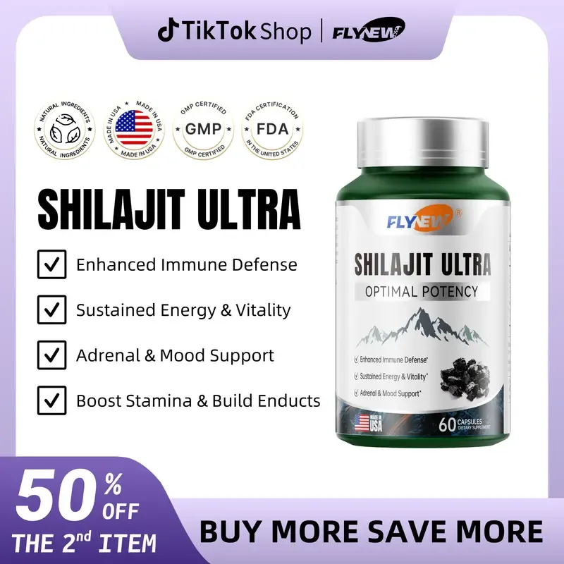 FLYNEW Optimal Potency Shilajit Ultra Organic Resin Supplement Capsules - Adaptogen for Energy, Stamina, Immune Support, Antioxidants - Made in USA, 60 Natural Capsules
