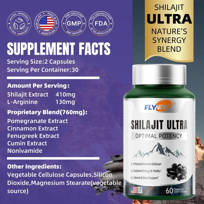 FLYNEW Optimal Potency Shilajit Ultra Organic Resin Supplement Capsules - Adaptogen for Energy, Stamina, Immune Support, Antioxidants - Made in USA, 60 Natural Capsules