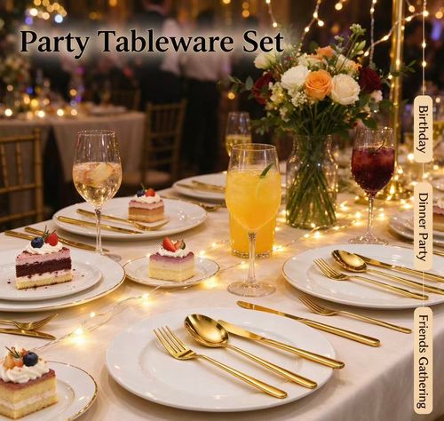 25 Piece Tableware Gift Set, Gold Stainless Steel Dinnerware）