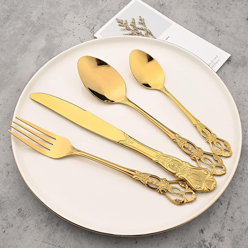 25 Piece Tableware Gift Set, Gold Stainless Steel Dinnerware）