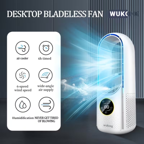 Portable Air Cooler Fan with a Bladeless Design for Safety, Six-Speed Silent Desktop Fan, 1-6 Hour Timer for Automatic Shutdown, And Humidification Function. It Can Be Filled with Water Or Ice And Is Suitable for Bedrooms, Offices, Desks, And Tents