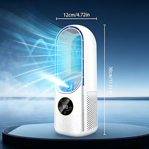 Portable Air Cooler Fan with a Bladeless Design for Safety, Six-Speed Silent Desktop Fan, 1-6 Hour Timer for Automatic Shutdown, And Humidification Function. It Can Be Filled with Water Or Ice And Is Suitable for Bedrooms, Offices, Desks, And Tents