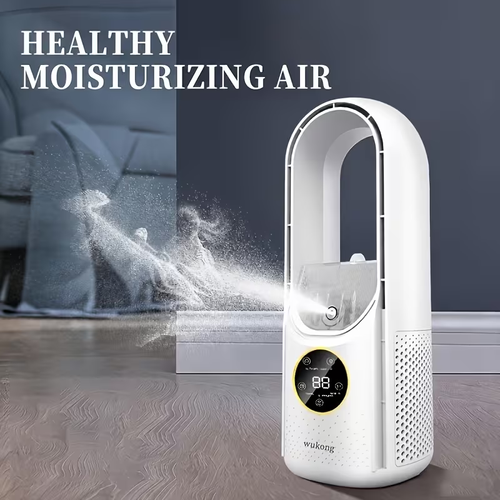 Portable Air Cooler Fan with a Bladeless Design for Safety, Six-Speed Silent Desktop Fan, 1-6 Hour Timer for Automatic Shutdown, And Humidification Function. It Can Be Filled with Water Or Ice And Is Suitable for Bedrooms, Offices, Desks, And Tents