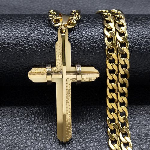 Gold Plated Cross Pendant Link Chain Christian Catholic Steric Crucifix Necklace