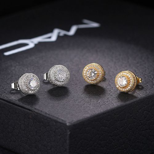 Trending Full-Diamond Zircon Micro-Pavé Hip-Hop Style Round Stud Earrings