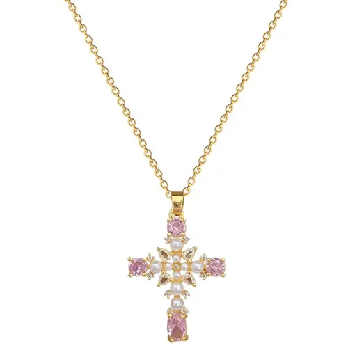 Stainless Steel Chain 18K Gold Diamond Dainty Cubic Zirconia Pearl  Cross Pendant Choker Necklace