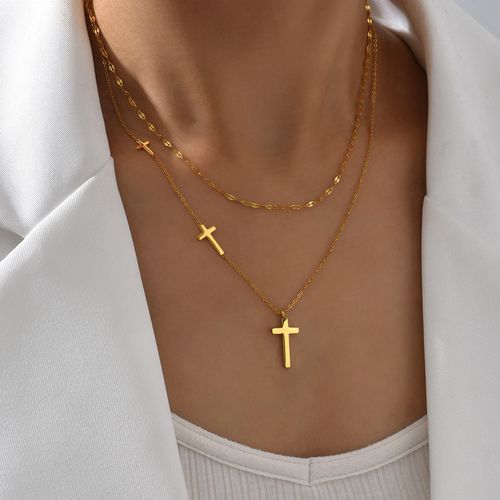 18K Gold Filled Double Layered Chain Stainless Steel  Christian Religious  Cross Necklace