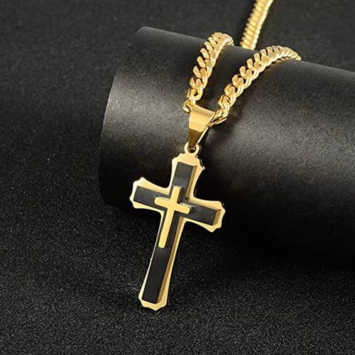 Stainless Steel Gold Black Plated 3 Layers Jesus Big Pendant Cross Necklace