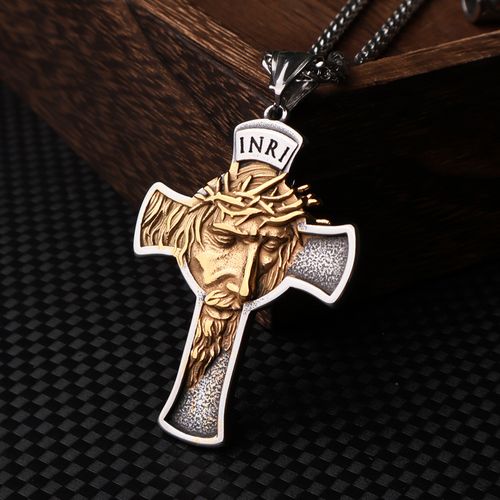 Vintage  Human-Face Jesus Cross Pendant Necklace
