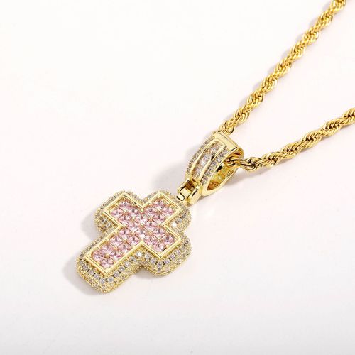 Hip-Hop Fashion T Square Zircon Pink Personality  Cross Necklace