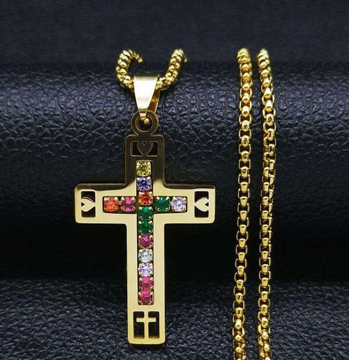 Cross Necklace with Zircons Stainless Steel Gold Silver Necklace