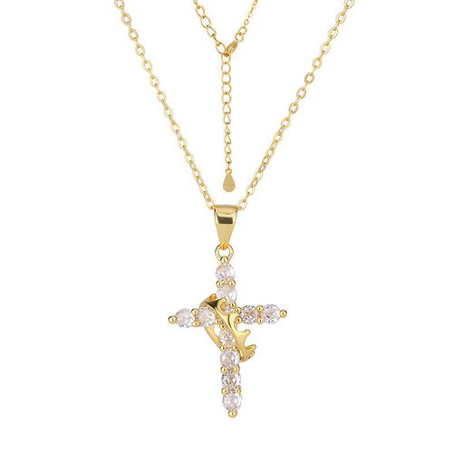 Rotating Dainty  Cross Crown Pendant Charm Clavicle Chain Zircon Jewelry Necklace