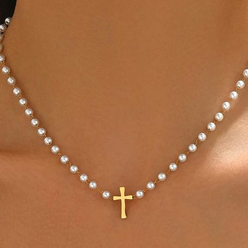 Stainless Steel Necklace Exquisite Pearl Beaded Cross Pendant Necklace