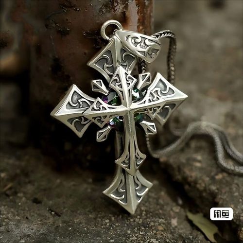 Vintage Silver Cross Necklace with Green Gemstone Inlay