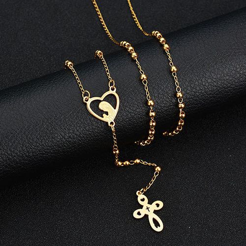 Gold Plated Stainless Steel Women Necklace with Engraved Heart Rosary for Catholic Pray Use