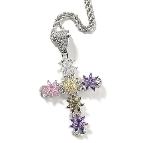 New Zircon Fashion Hip Hop Color Ice Flower Cross Pendant  Necklace