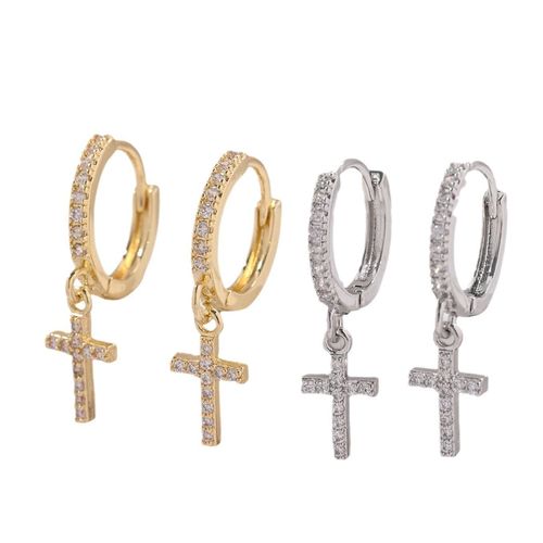 18K Gold Plated Single Row Women's Drop Earrings with Zircon Pendant Fashion Cross Ring Design