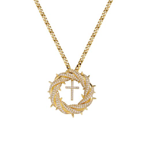 Hip Hop Necklace Jewelry Gold Plated   Cubic Zirconia Crown of Thorns Pendant with Cross