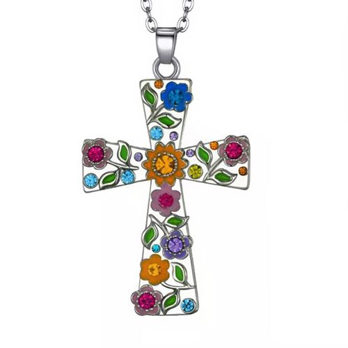 Multicolor Crystal Religious Cross Pendant Necklace for Teens and Women