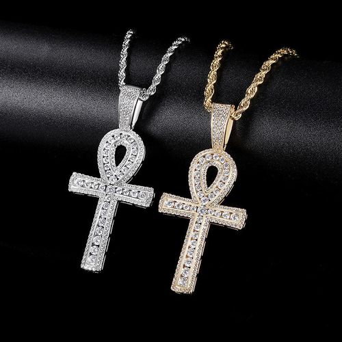 Fashion Design 18k Gold Plated Bling Hip Hop  Micro Pave Cz Ankh Cross Pendant Necklace