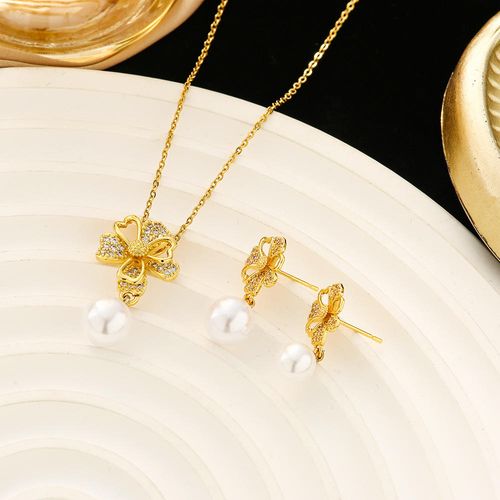 Elegant Women's Trendy  Light Fashion  Flower Tassel Pearl Pendant Necklace Earrings Set
