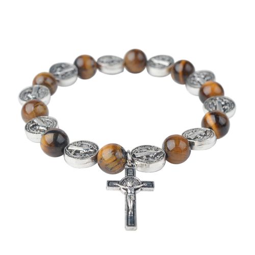 Tiger's Eye Beaded Bracelet Elastic St. Benedict Rosary Catholic Cross Pendant