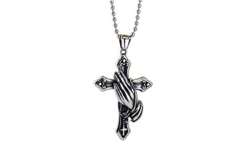 Vintage Stainless Steel Prayer Hand Cross Pendant Necklace