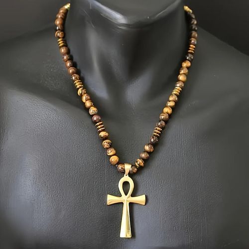 Religious Christian  Natural Stone Tiger Eye Stone Bead Gold Hematite Cross Necklace