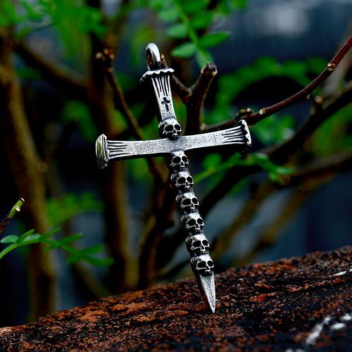 Hip Hop Stainless Steel Nail Skull Skeleton Cross Pendant Necklace