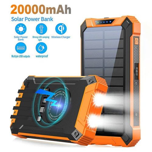 Portable Power Bank Wireless Solar Charger 15W USB-C QC3.0 Fast Charging 4 Ports Dual LED Flashlights Micro USB