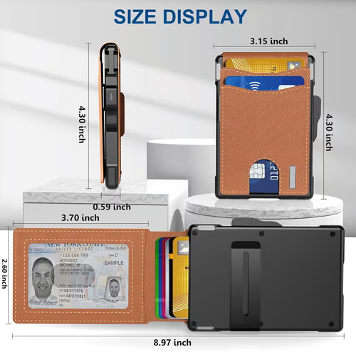 😀🔥✨Wallet for Men - With Pop Up Aluminum Case Money Clip Slim Leather Slots Credit Card Holder RFID Blocking Bifold Minimalist Wallet