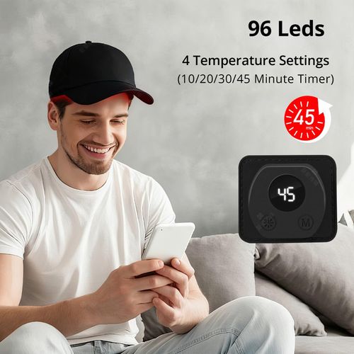 Red light hair growth cap built with 96 LEDs, wireless charging design and 4 adjustable levels, used for hair regeneration and scalp care to get thicker fuller hair, free shipping and cash on delivery