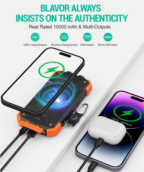 🔥HOT SALE🔥 COD！20000mAh Portable Solar Charger Power Bank with LED Flashlight - Dual USB-A Output, Waterproof Outdoor Design with Compass & Carabiner for Phone Android