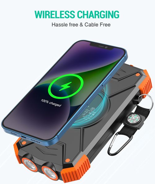 🔥HOT SALE🔥 COD！20000mAh Portable Solar Charger Power Bank with LED Flashlight - Dual USB-A Output, Waterproof Outdoor Design with Compass & Carabiner for Phone Android