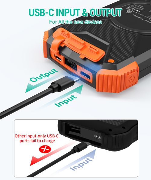🔥HOT SALE🔥 COD！20000mAh Portable Solar Charger Power Bank with LED Flashlight - Dual USB-A Output, Waterproof Outdoor Design with Compass & Carabiner for Phone Android