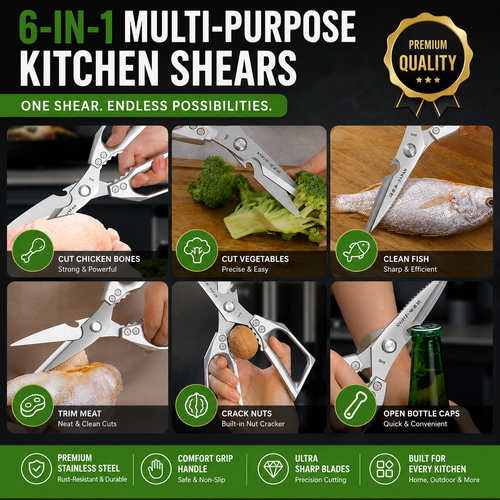 Heavy Duty Multi Purpose Kitchen Scissors Stainless Steel Cooking Shears with Bottle Opener for Meat Fish Vegetables