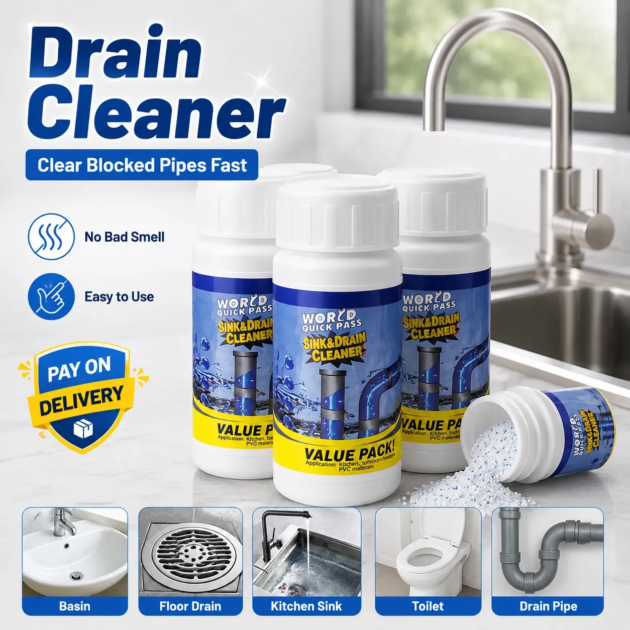 Strong Drain Maintenance Solution 110g Buy 1 Get 2 Free, Pipe Cleaner Powder for Kitchen Sink, Bathroom Drain, Toilet Pipe, Clog Cleaning and Sewer Smell Control, COD Free Shipping, Pay on Delivery
