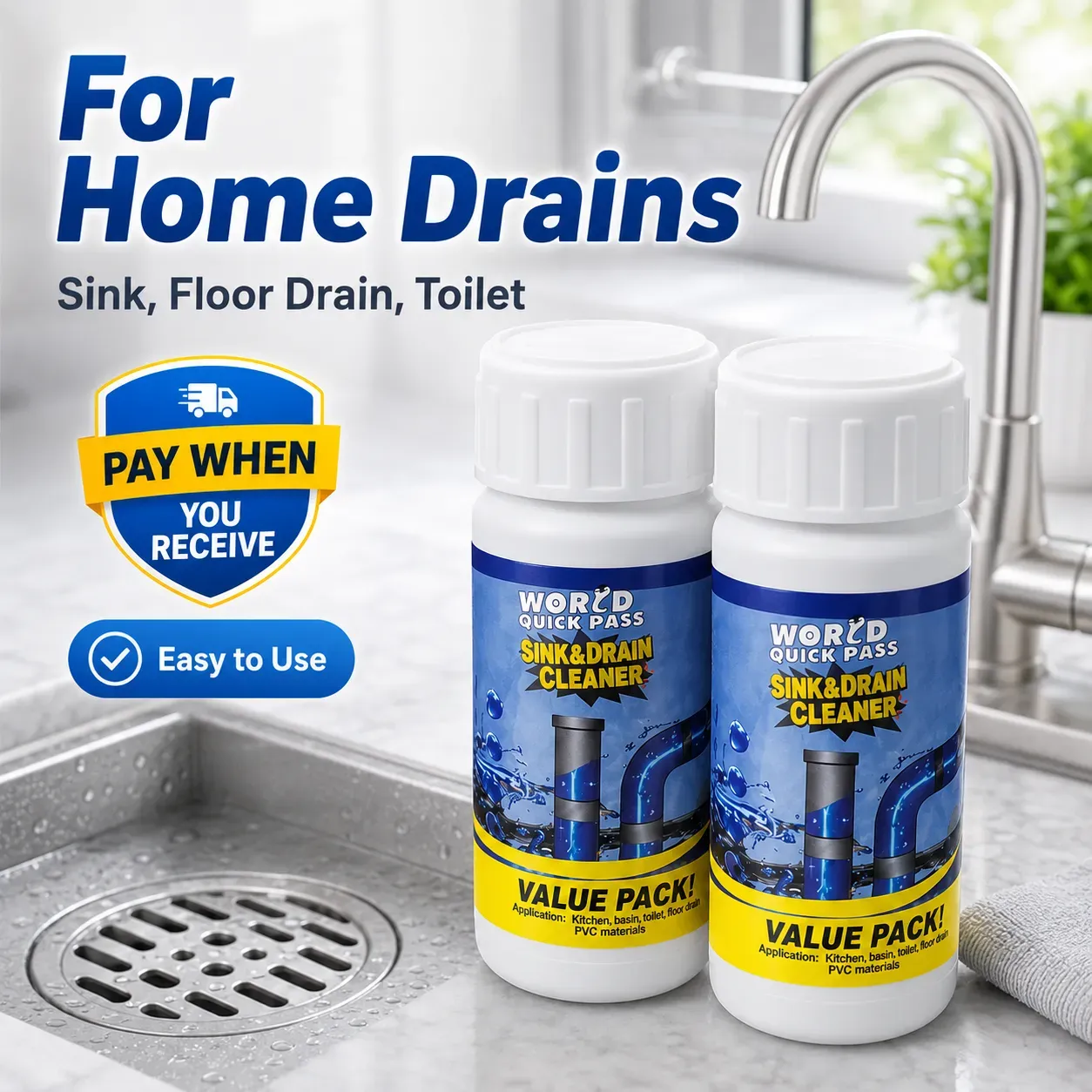 Strong Drain Maintenance Solution 110g Buy 1 Get 2 Free, Pipe Cleaner Powder for Kitchen Sink, Bathroom Drain, Toilet Pipe, Clog Cleaning and Sewer Smell Control, COD Free Shipping, Pay on Delivery