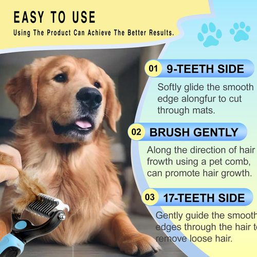 Double-sided pet grooming rake works for dogs and cats. It safely removes loose undercoat and tangled mats, effectively controls shedding without hurting pets, ideal for long-haired breeds, free shipping and cash on delivery.
